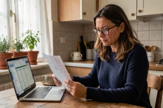 Femme consultant sa fiche de paie à la maison pour comprendre la conversion brut net 2026