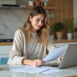 Jeune femme concentrée sur ses documents financiers à la maison