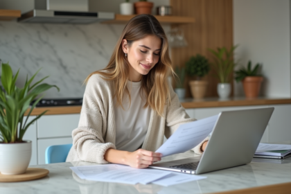 Jeune femme concentrée sur ses documents financiers à la maison