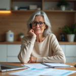 Femme concentrée avec documents financiers à la maison