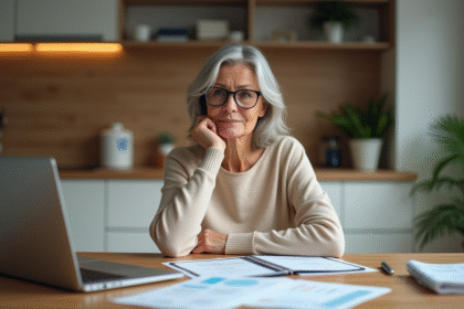 Femme concentrée avec documents financiers à la maison