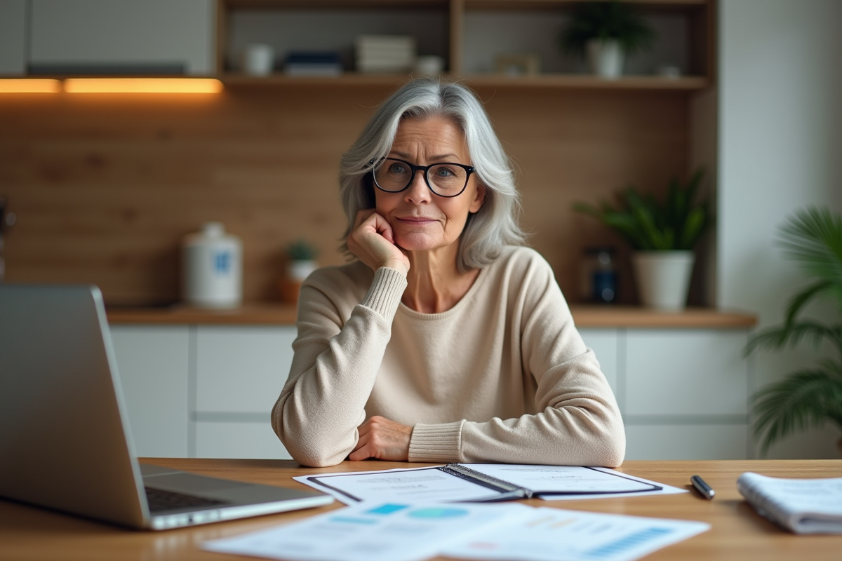 Femme concentrée avec documents financiers à la maison