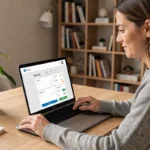 Femme gérant ses virements bancaires en ligne depuis son bureau à domicile avec l'interface domiwebcmb sur ordinateur portable