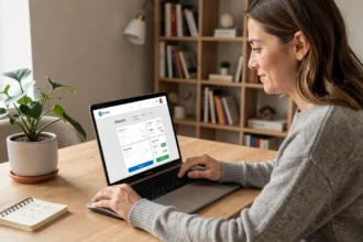 Femme gérant ses virements bancaires en ligne depuis son bureau à domicile avec l'interface domiwebcmb sur ordinateur portable