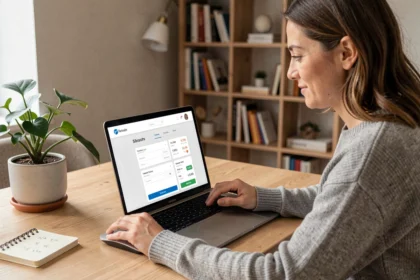 Femme gérant ses virements bancaires en ligne depuis son bureau à domicile avec l'interface domiwebcmb sur ordinateur portable