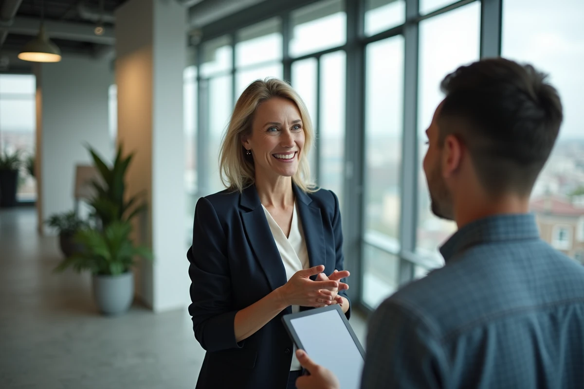 Femme en blazer discutant avec un jeune homme en agence immobiliere