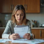 Femme inquiète vérifiant son compte bancaire sur smartphone après un virement CAF non reçu