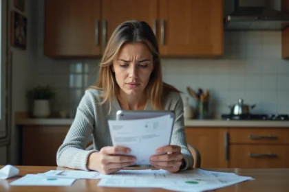 Femme inquiète vérifiant son compte bancaire sur smartphone après un virement CAF non reçu