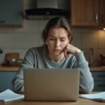Femme inquiète consultant son relevé bancaire sur un ordinateur portable à la maison en attendant un virement Pôle emploi
