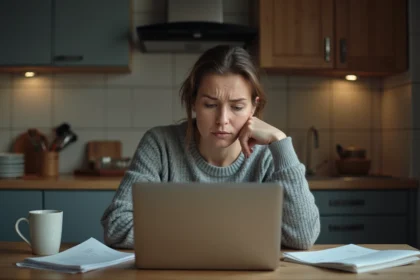 Femme inquiète consultant son relevé bancaire sur un ordinateur portable à la maison en attendant un virement Pôle emploi