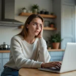 Femme inquiète travaillant sur son ordinateur dans la cuisine