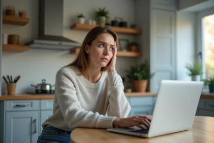 Femme inquiète travaillant sur son ordinateur dans la cuisine
