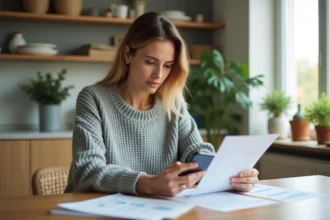Femme consultant une application d'investissement sur smartphone à côté de documents financiers, illustrant la diversification épargne et livret A