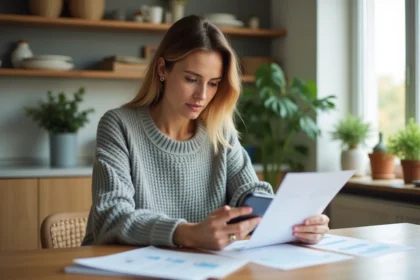 Femme consultant une application d'investissement sur smartphone à côté de documents financiers, illustrant la diversification épargne et livret A