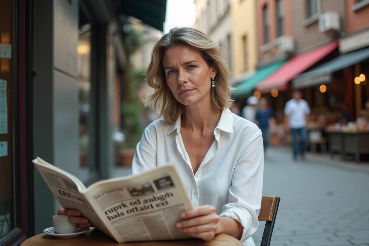Femme lisant un journal sur le classement PIB 2026 dans une rue aux contrastes économiques visibles