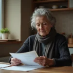 Femme âgée lisant des documents légaux dans sa cuisine