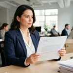 Femme tenant une lettre de démission imprimée à son bureau dans un open space moderne, réfléchissant à son solde de tout compte avant de quitter son CDI