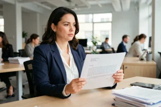 Femme tenant une lettre de démission imprimée à son bureau dans un open space moderne, réfléchissant à son solde de tout compte avant de quitter son CDI