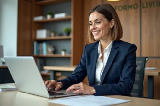 Femme en blazer bleu examine un bulletin de salaire au bureau