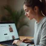 Femme consultant Amazon sur son ordinateur portable pour payer avec PayPal depuis son bureau à domicile