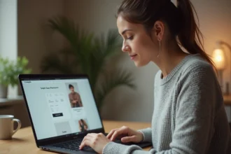 Femme consultant Amazon sur son ordinateur portable pour payer avec PayPal depuis son bureau à domicile