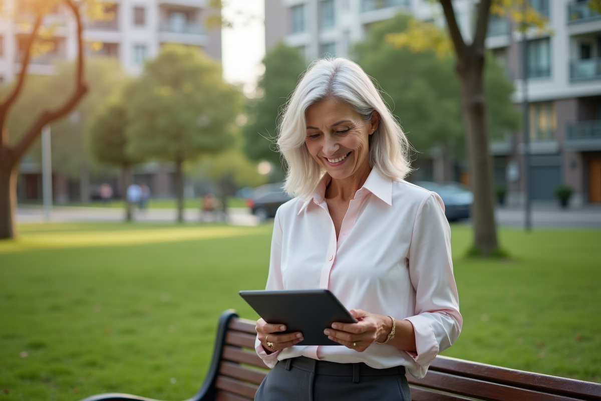 Femme souriante vérifiant un plan de retraite dans un parc urbain