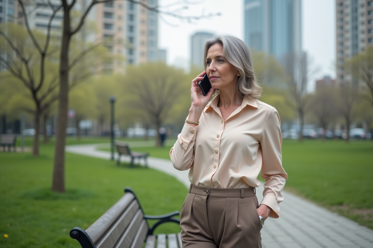 Femme parlant au téléphone dans un parc urbain