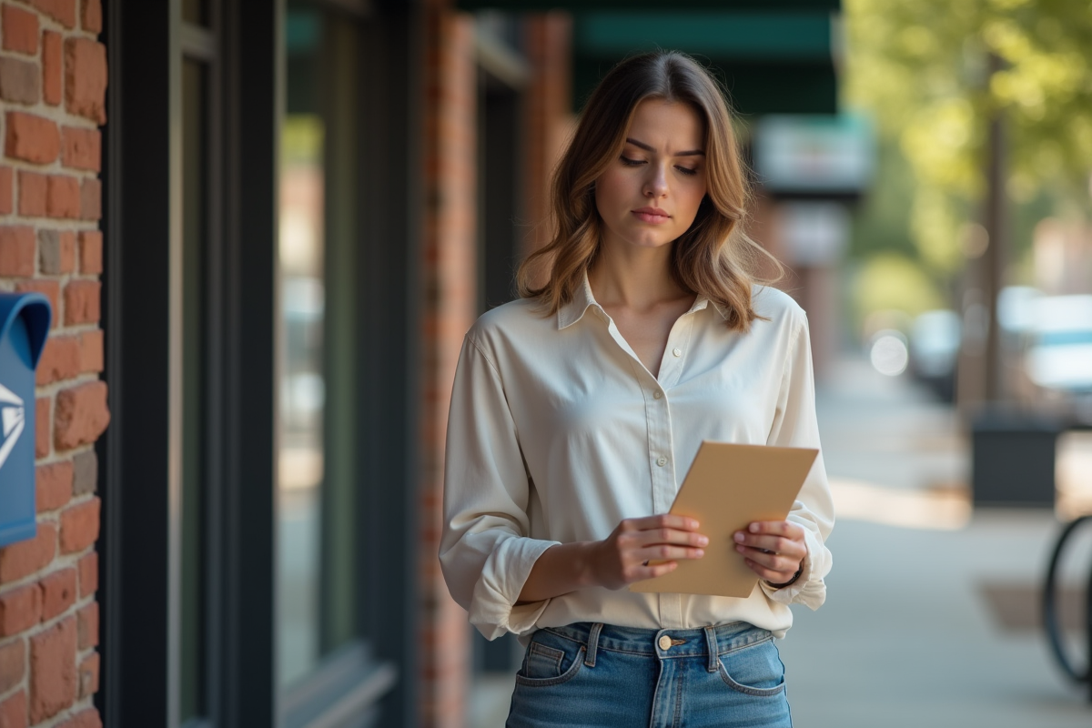 Jeune femme hésitant à poster un paiement dehors