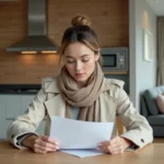 Jeune femme en trench examine documents de mortgage