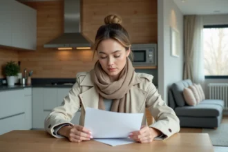 Jeune femme en trench examine documents de mortgage