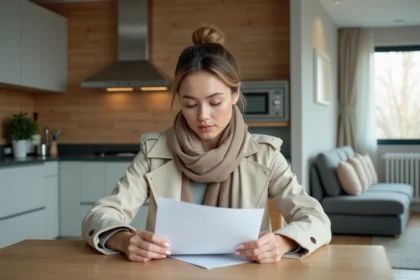 Jeune femme en trench examine documents de mortgage