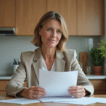 Femme d'âge moyen examinant des documents de prêt immobilier