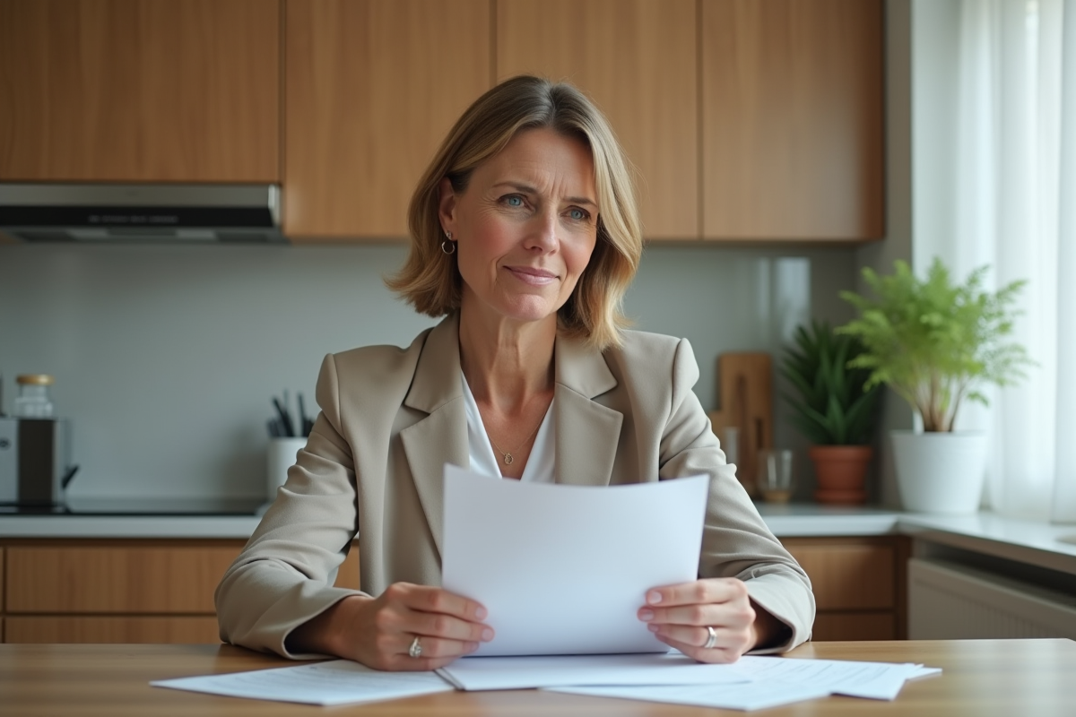 Femme d'âge moyen examinant des documents de prêt immobilier
