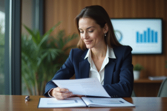 Femme professionnelle en banque examinant des documents de prêt