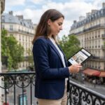 Jeune femme professionnelle regardant un tablet sur un balcon parisien