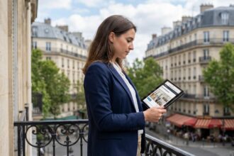 Jeune femme professionnelle regardant un tablet sur un balcon parisien