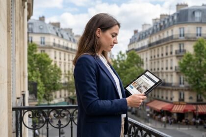 Jeune femme professionnelle regardant un tablet sur un balcon parisien