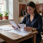 Femme en province analysant ses fiches de paie et son budget mensuel avec un salaire de 2480 euros brut