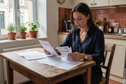 Femme en province analysant ses fiches de paie et son budget mensuel avec un salaire de 2480 euros brut