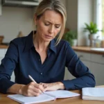 Femme remplissant un chèque différé à la maison pour un paiement Cora 2026