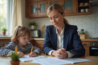 Femme d'âge moyen en costume examinant des documents de pension à la maison
