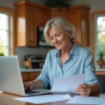 Femme d'âge moyen examinant des papiers de retraite à la maison