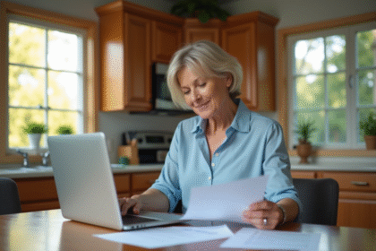 Femme d'âge moyen examinant des papiers de retraite à la maison