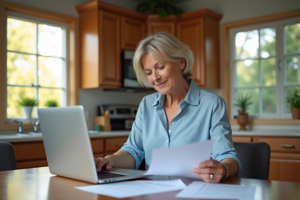 Femme d'âge moyen examinant des papiers de retraite à la maison