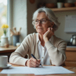 Femme âgée examine documents de retraite à la maison