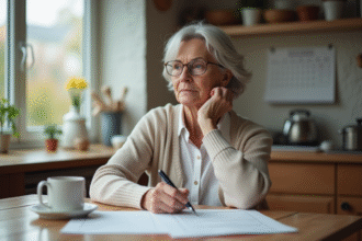 Femme âgée examine documents de retraite à la maison