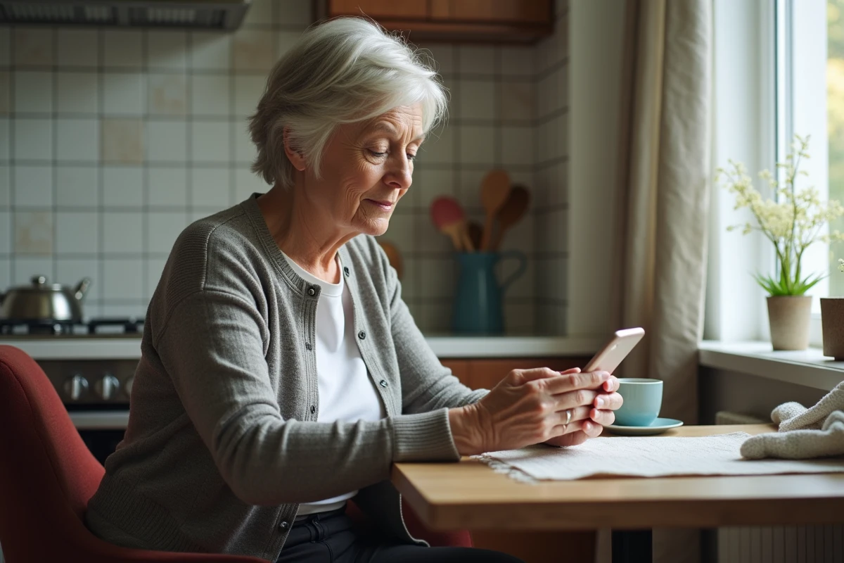 Femme âgée utilisant son smartphone dans la cuisine