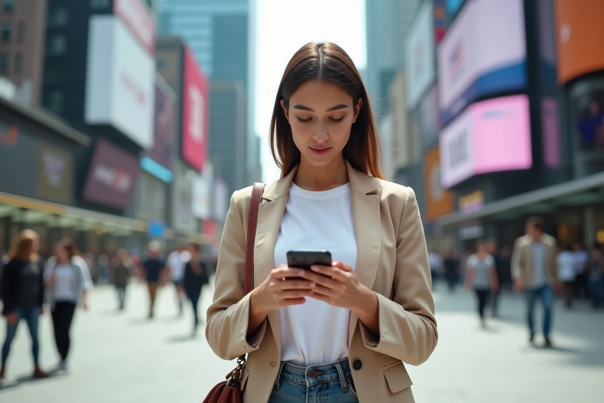 Femme urbaine vérifiant une application crypto sur smartphone
