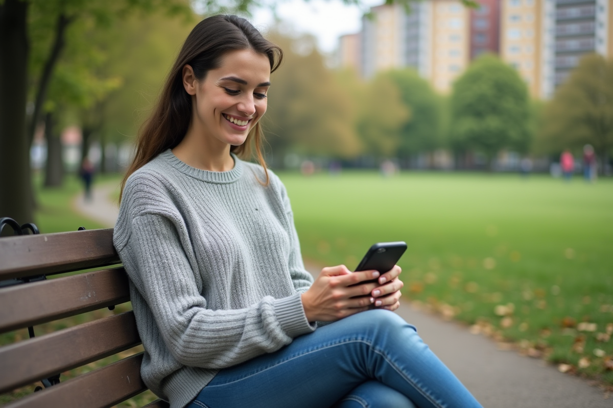 Femme souriante assise sur un banc dans un parc urbain