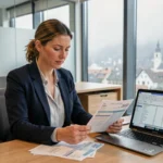 Femme professionnelle suisse analysant ses fiches de salaire et cotisations retraite dans un bureau moderne à Zurich en 2026